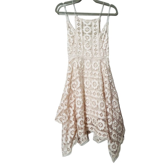 Free People Just Like Honey Beige Lace Asymmetric Mini Dress Size 8 Medium - Picture 2 of 14